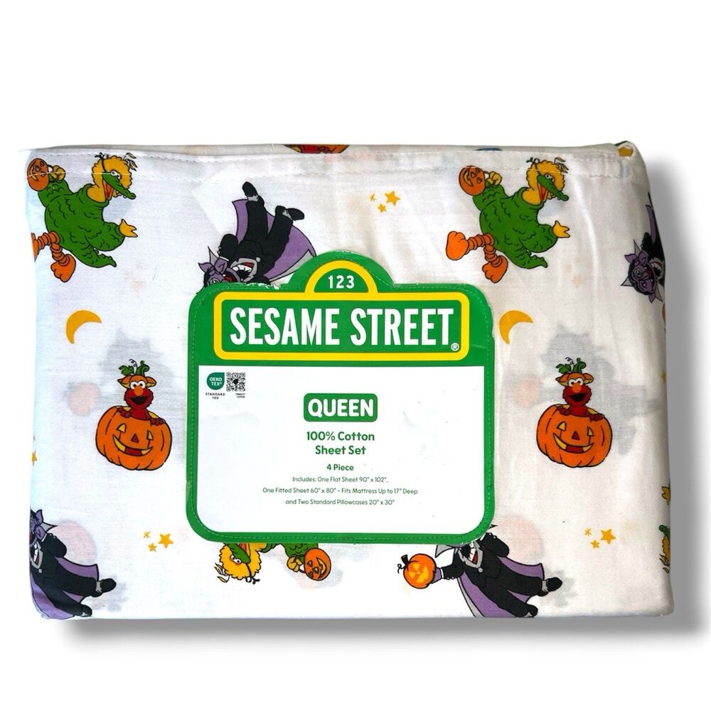 New Sesame Street Queen 4 Piece Holiday Halloween Sheet Set Elmo Big Bird Cookie